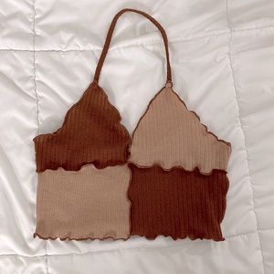 Brown Color Block Halter Top Crop Top